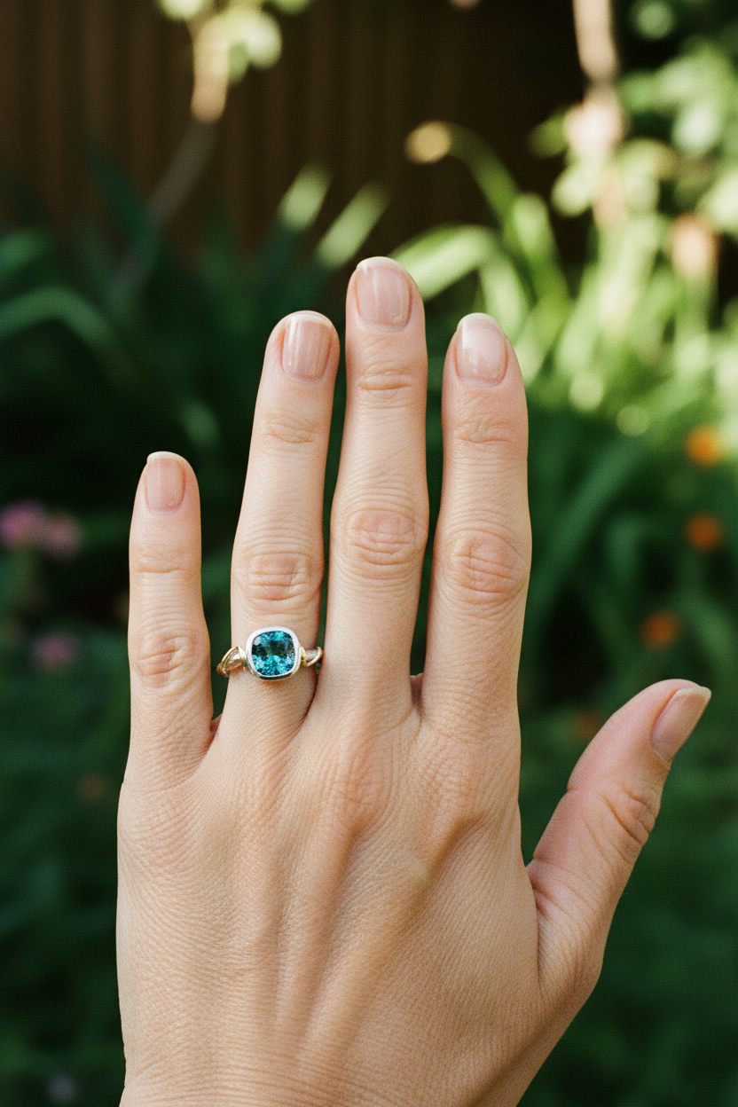 anillo único artesanal de plata, oro y piedra Lake, modelo mano, de Lalanne